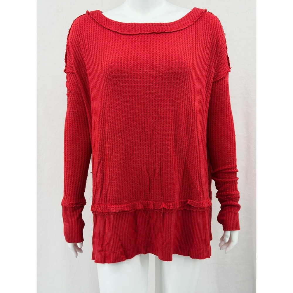 We The Free People Top Womens XS Red Orange Thermal Waffle Tunic Oversized Boho